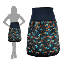 Lade das Bild in den Galerie-Viewer, Rock "Nordwind" Jersey knielang blau dunkel Blumen Naturmotiv