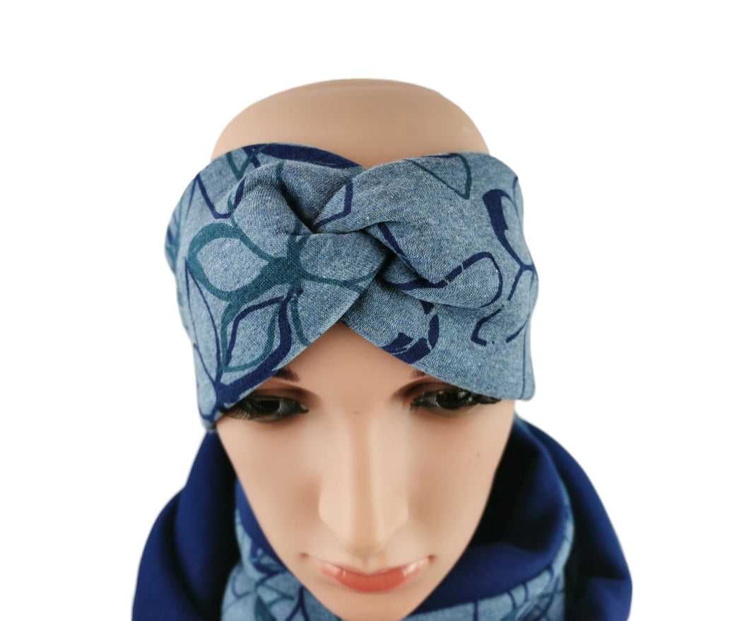 Haarband Stirnband Knoten Blumen blau petrol elastisch Knotenlook breit warm