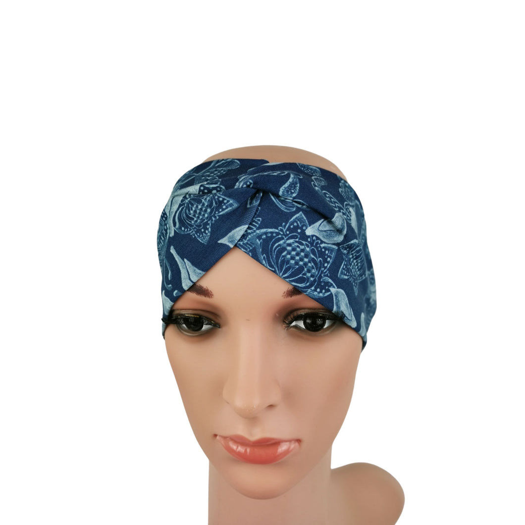 Haarband mit Knoten Jersey blau Vögel mittelblau elastisch breit Muster