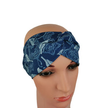 Lade das Bild in den Galerie-Viewer, Haarband mit Knoten Jersey blau Vögel mittelblau elastisch breit Muster