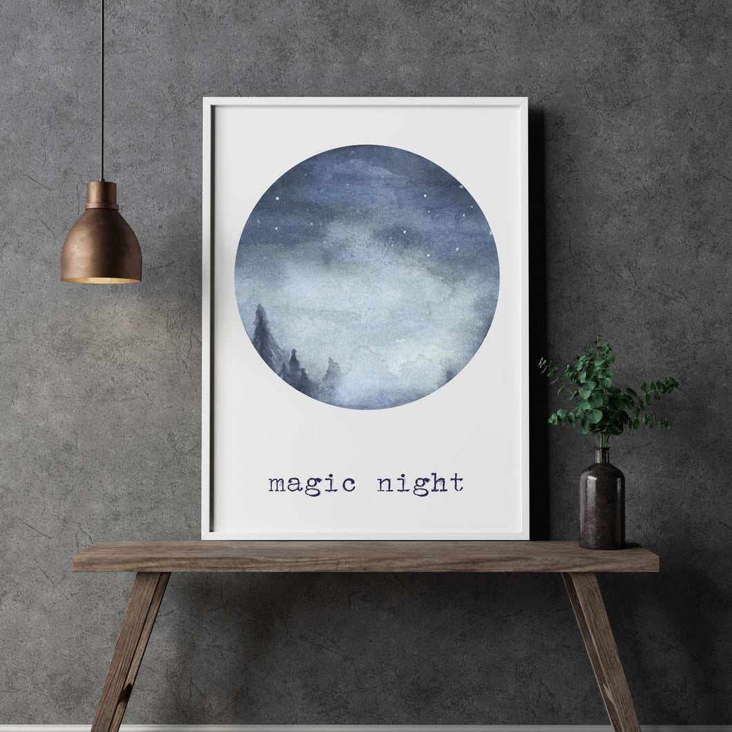 Bild Sofort Download Wasserfarben Sterne png jpg Aquarell Schrift Nachthimmel magic night Nachtschwärmer Poster selber ausdrucken dunkel