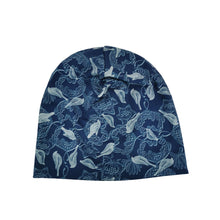Lade das Bild in den Galerie-Viewer, Beanie Damen Jersey bau Vögel jeansblau doppelt dunkel slouch Mütze Muster
