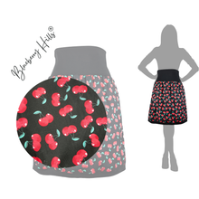 Lade das Bild in den Galerie-Viewer, Rock&quot;Cherry Pie&quot; - Damenrock aus Baumwolle mit Jerseybund Kirsche knielang schwarz

