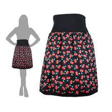 Lade das Bild in den Galerie-Viewer, Rock&quot;Cherry Pie&quot; - Damenrock aus Baumwolle mit Jerseybund Kirsche knielang schwarz
