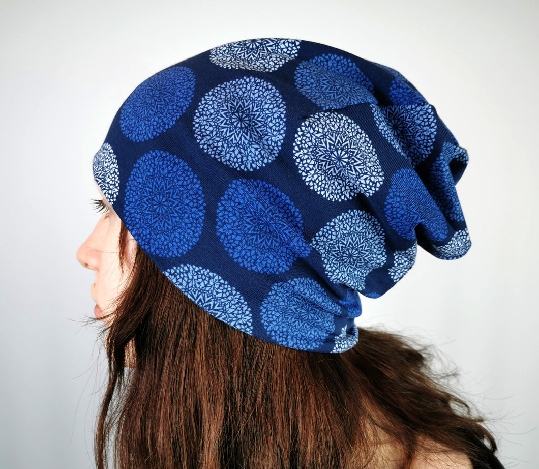 Beanie Damen blau Jersey Mandala