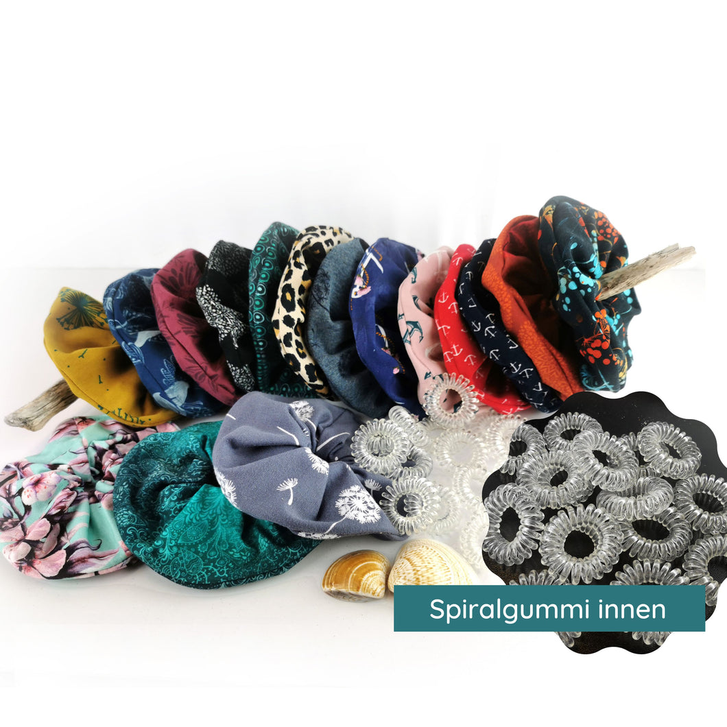 Scrunchie mit Spiralgummi passend zu Loop usw. verschiedene Muster Jersey Damen Mädchen Zopfgummi Haargummi verschiedene Farben Set